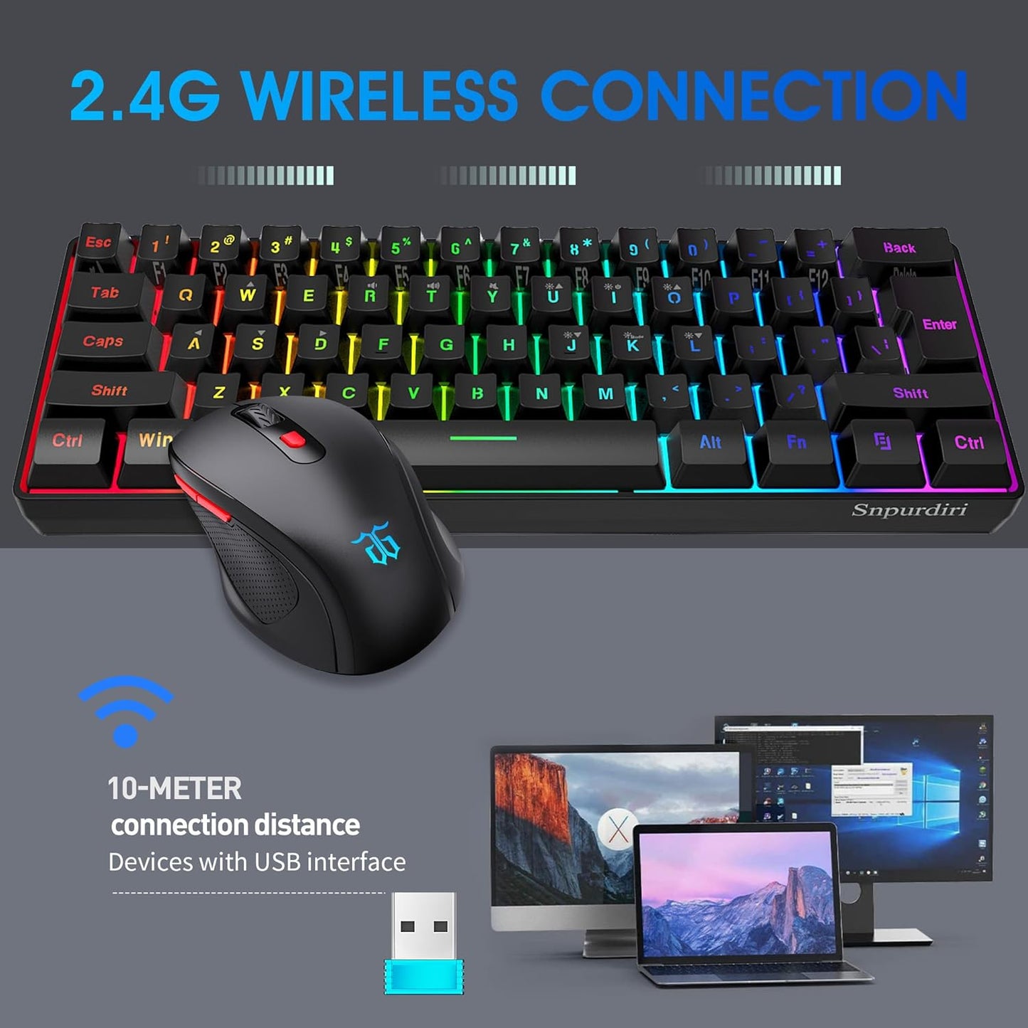 60% Wireless Gaming Keyboard and Mouse Combo, Include 2.4G Small Mini 60% Merchanical Feel Keyboard, Ergonomic Design Vertical Feel Wireless Mouse