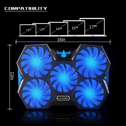 Gaming Laptop Fan Cooling Pad with 5 Big Cooling Fans, Laptop Cooler Cooling Pad for Laptop 15-17 Inch, Strong Wind Fast Heat Dissipation, the Wind Speed Adjustable, Two USB Ports