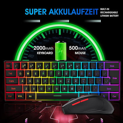 60% Wireless Gaming Keyboard and Mouse Combo, Include 2.4G Small Mini 60% Merchanical Feel Keyboard, Ergonomic Design Vertical Feel Wireless Mouse