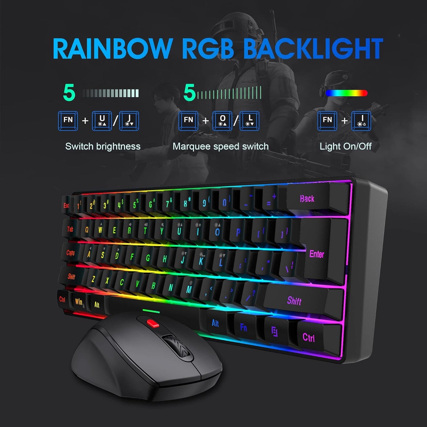 60% Wireless Gaming Keyboard and Mouse Combo, Include 2.4G Small Mini 60% Merchanical Feel Keyboard, Ergonomic Design Vertical Feel Wireless Mouse